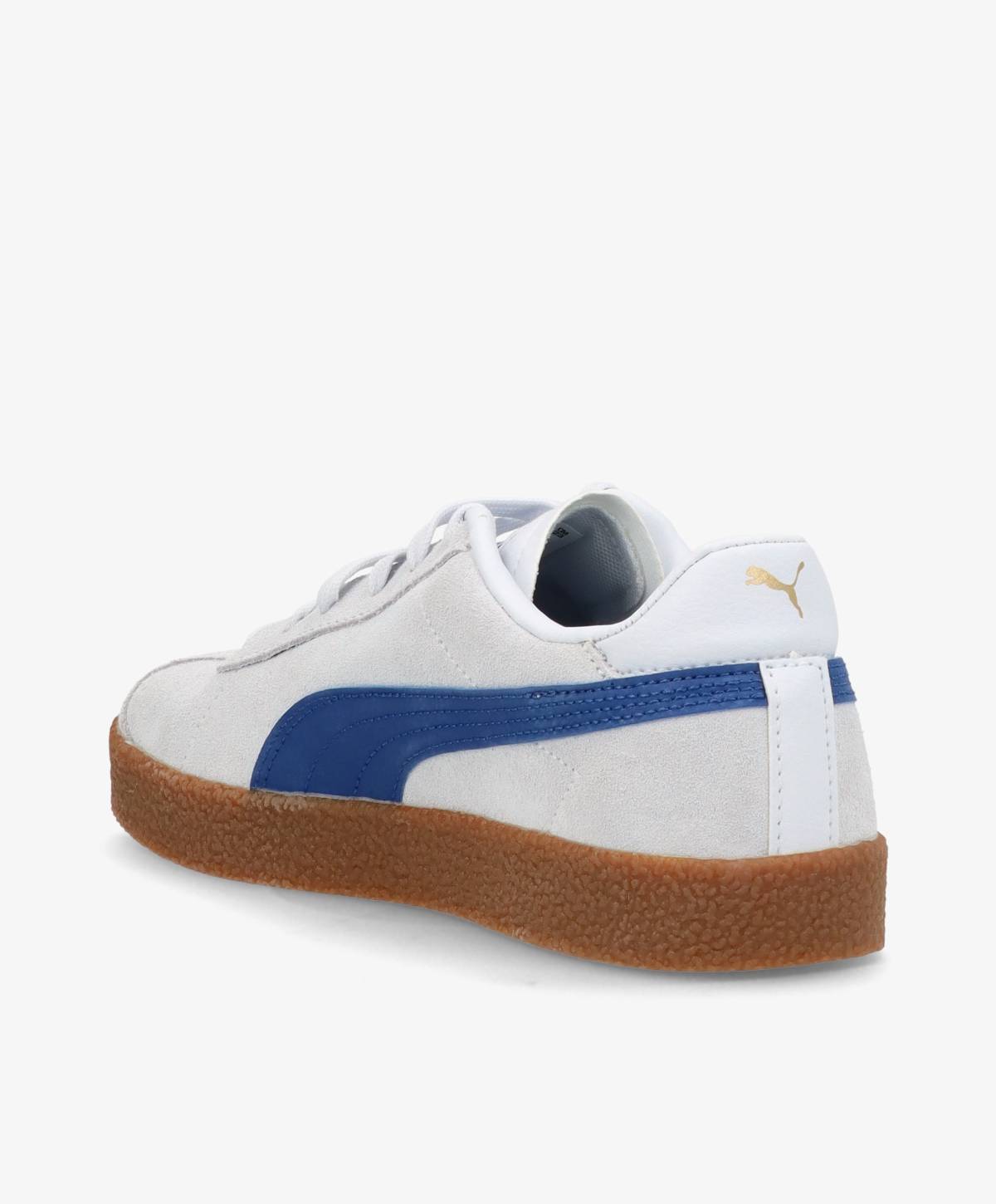 Et par hvide sneakers med blå stribe og brun gummisål, set fra siden.