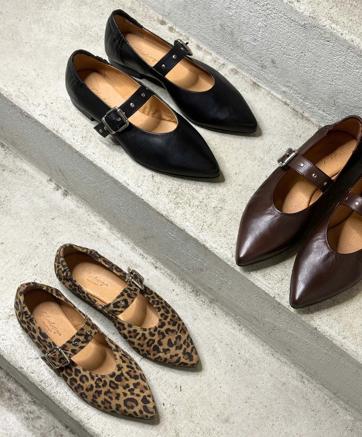 Tre par spidse Mary Jane-sko på en betontrappe. Øverst et par sorte sko, i midten et par brune sko, og nederst et par med leopardmønster. Alle skoene har en rem med spænde.