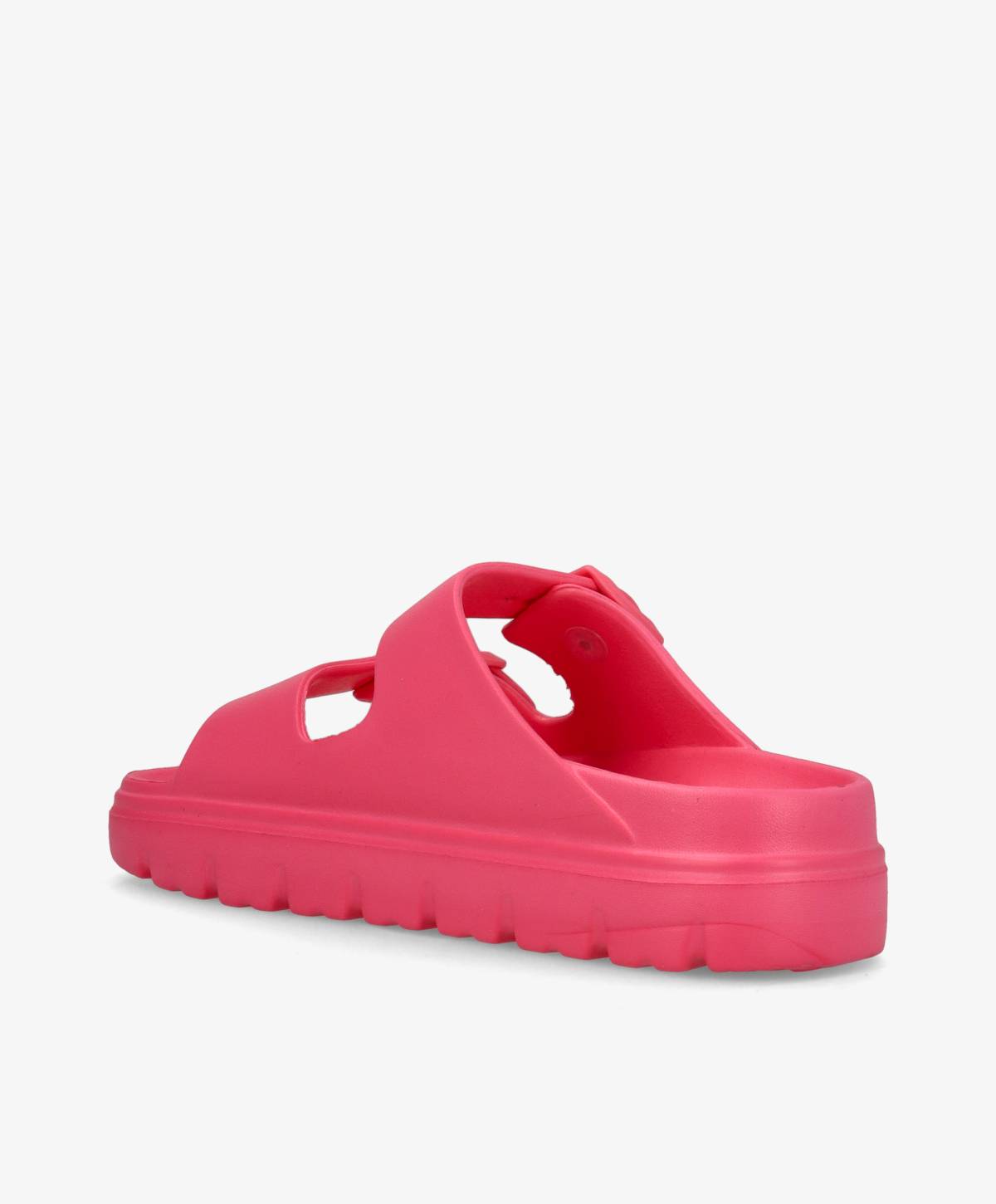 Rød sandal med tyk sål og åbent design set fra siden.