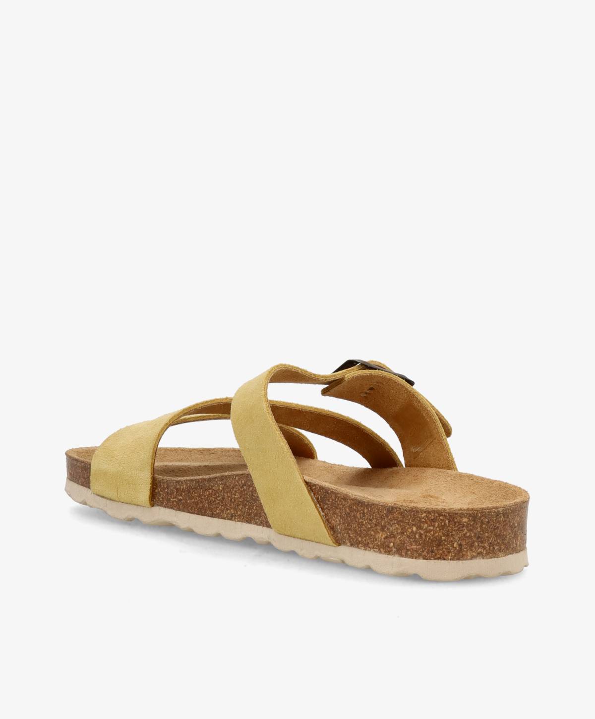 Gul sandal med korksål og krydsede remme, set fra siden.