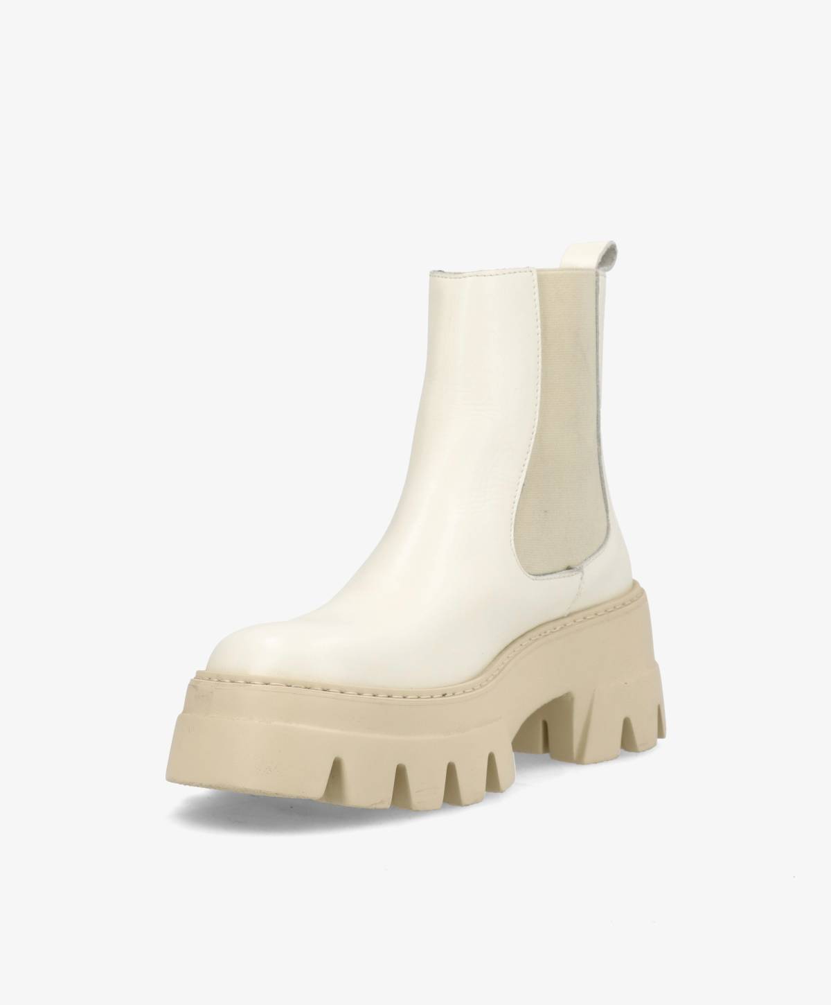 Hvid støvle med tyk, beige sål og elastiske sidepaneler.