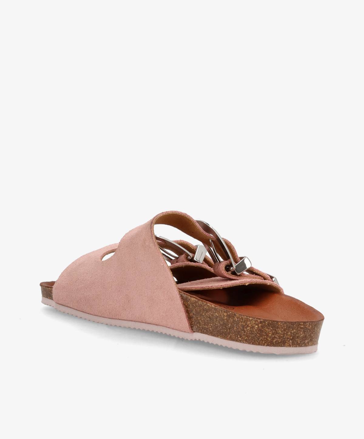 Lyserød sandal med korksål og justerbare remme set fra siden.