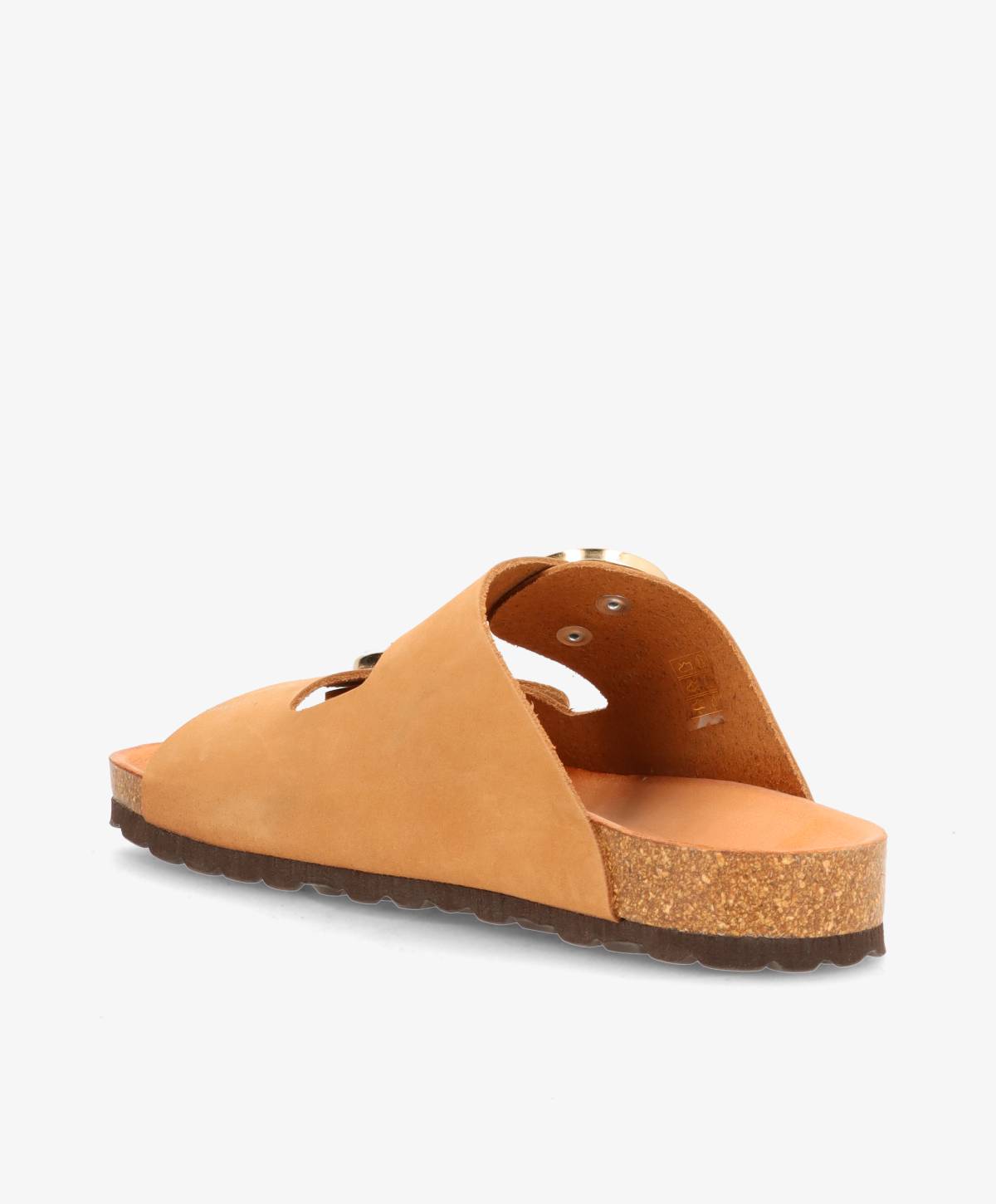 Brun lædersandal med korksål og åben tå, set fra siden.