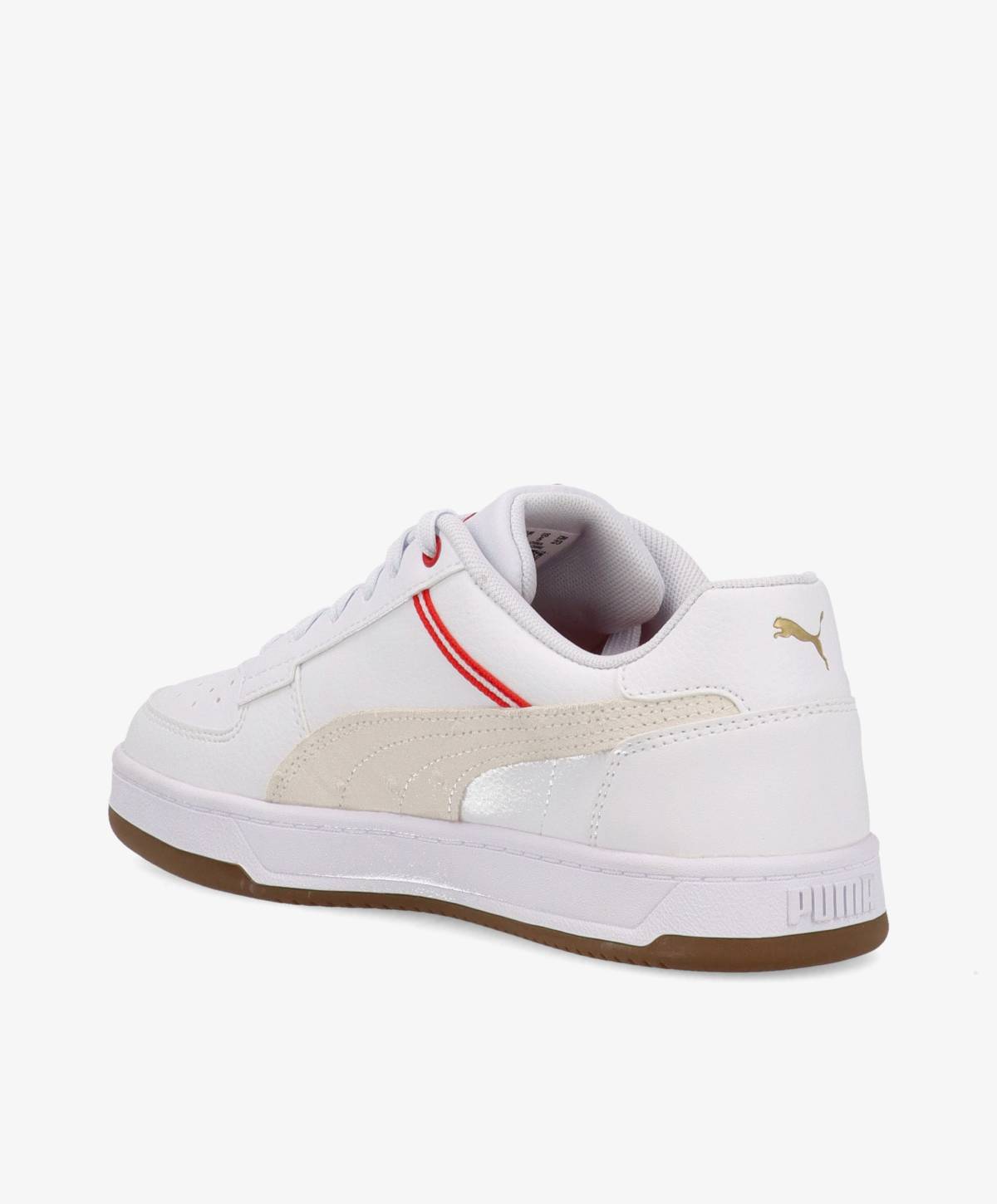 Hvid sneaker med beige detaljer og røde striber, set fra siden.