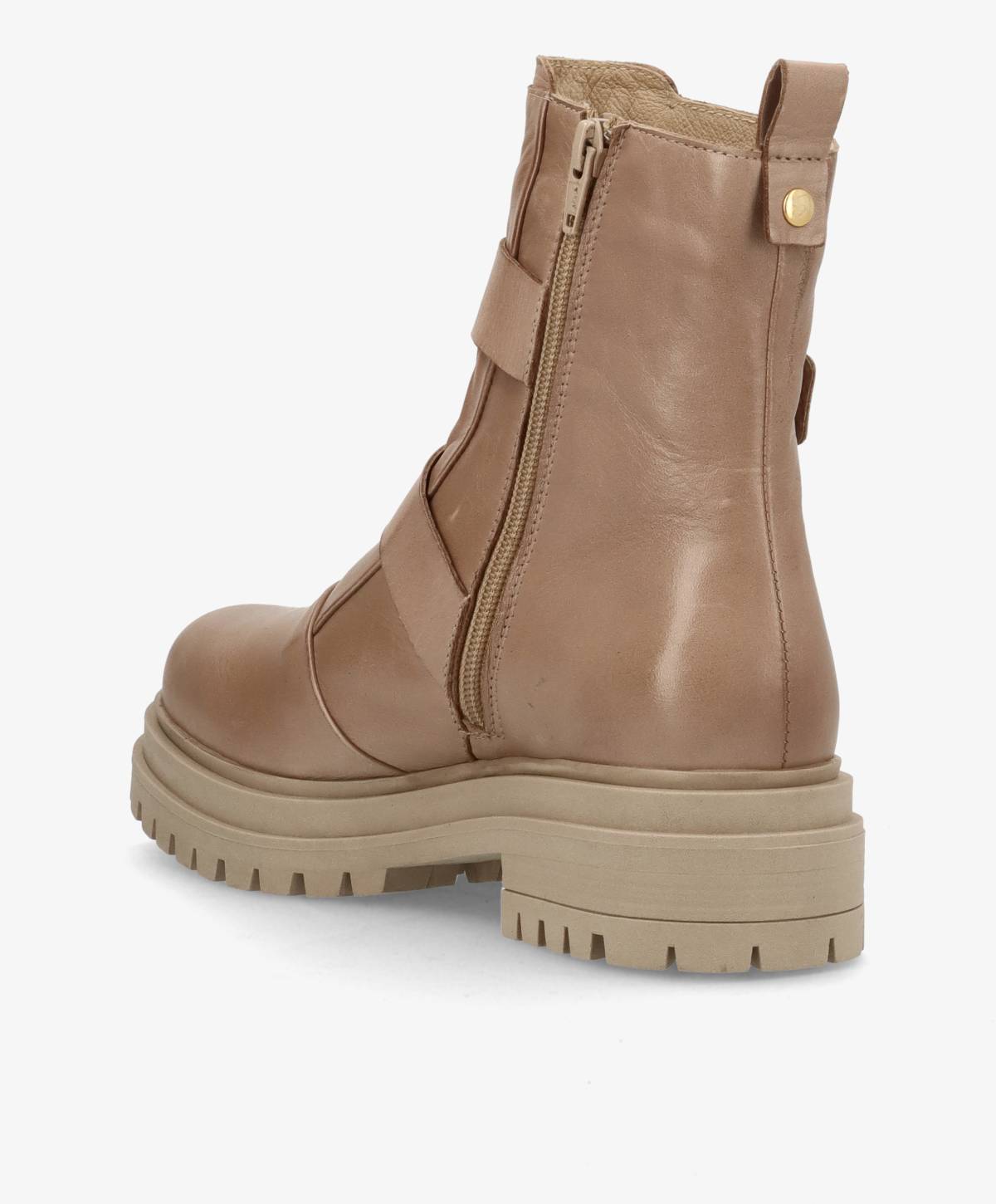 Brun støvle med lynlås og stropper, set fra siden, med en tyk, rillet sål.