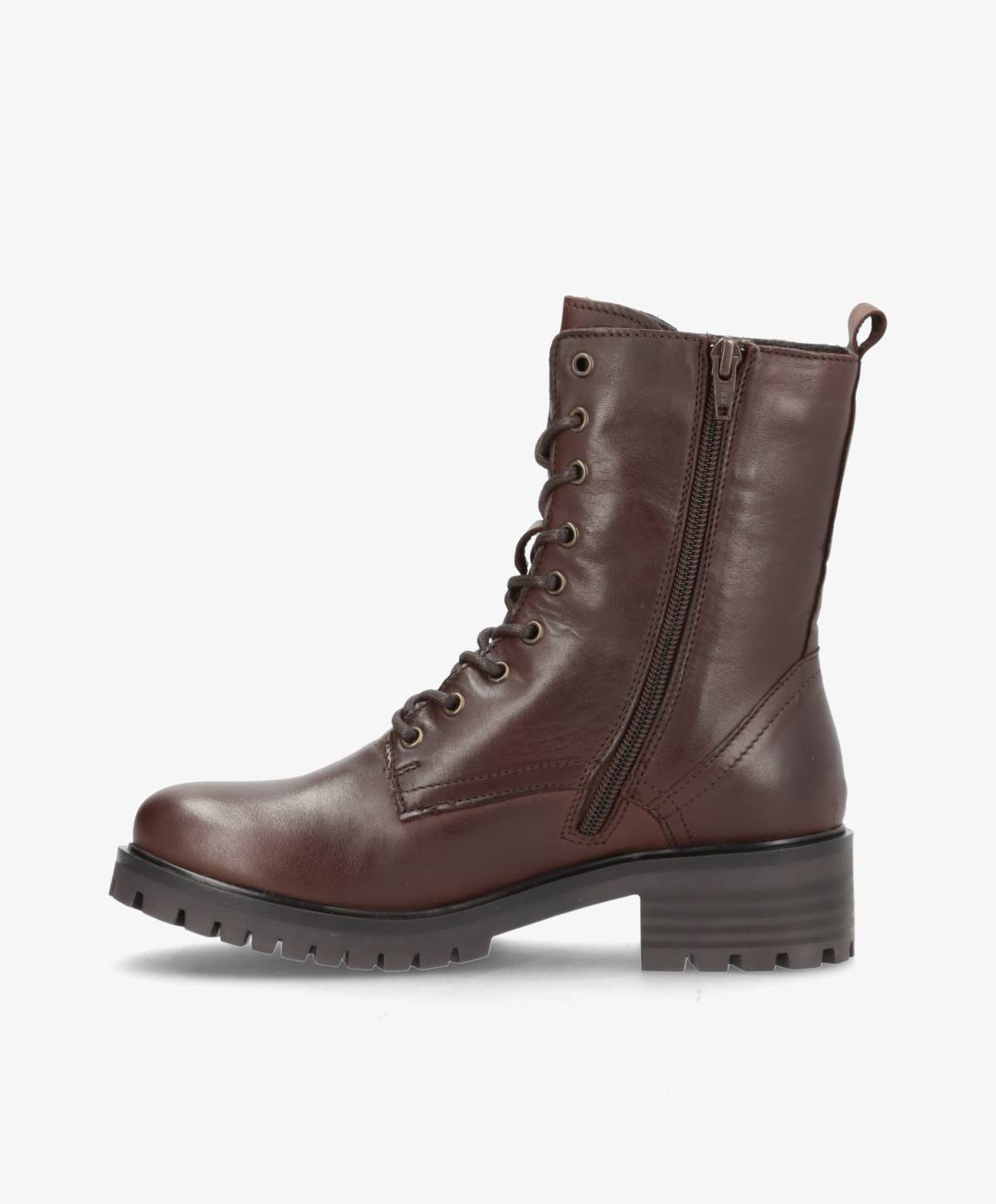 Mørkebrun læderstøvle med snørebånd og lynlås på siden, robust sål og ankelhøjde.