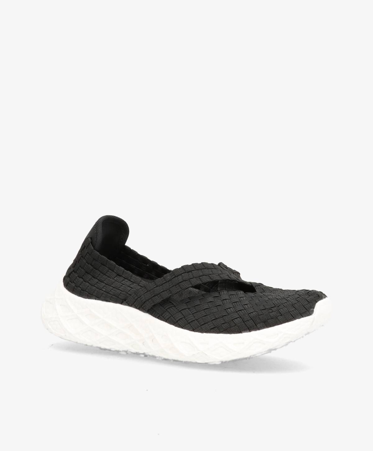 Sort slip-on sko med vævet tekstur og hvid sål.