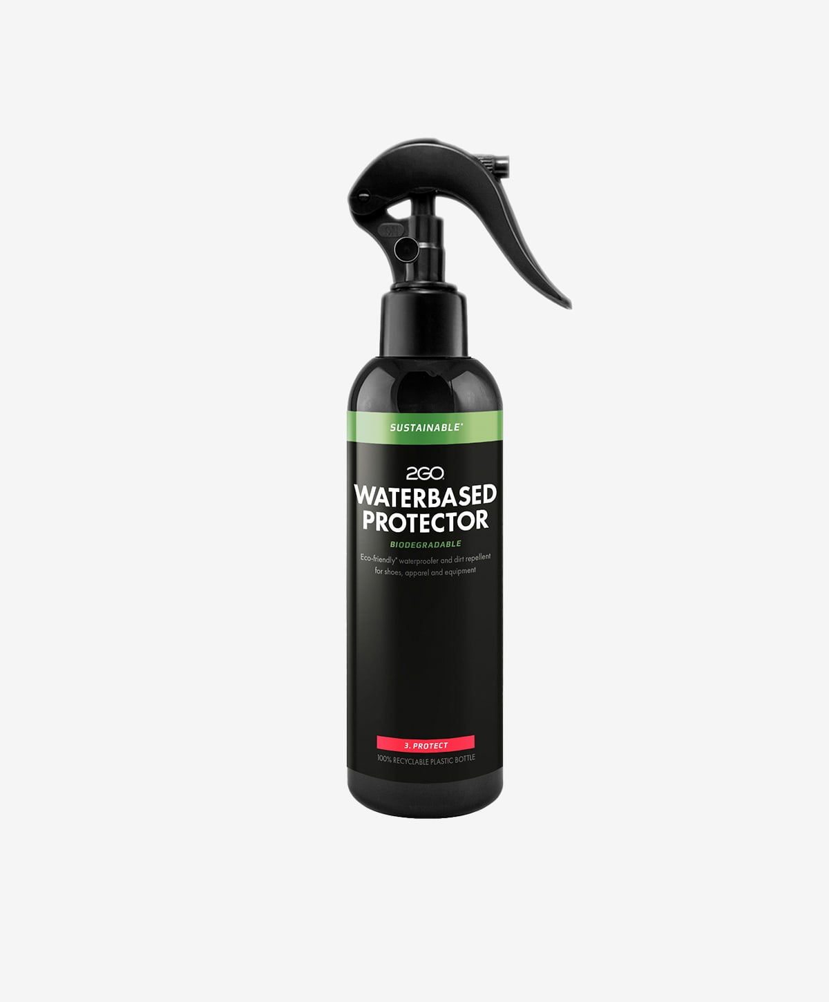 Sort sprayflaske med etiket, der siger "Waterbased Protector" og "Sustainable".