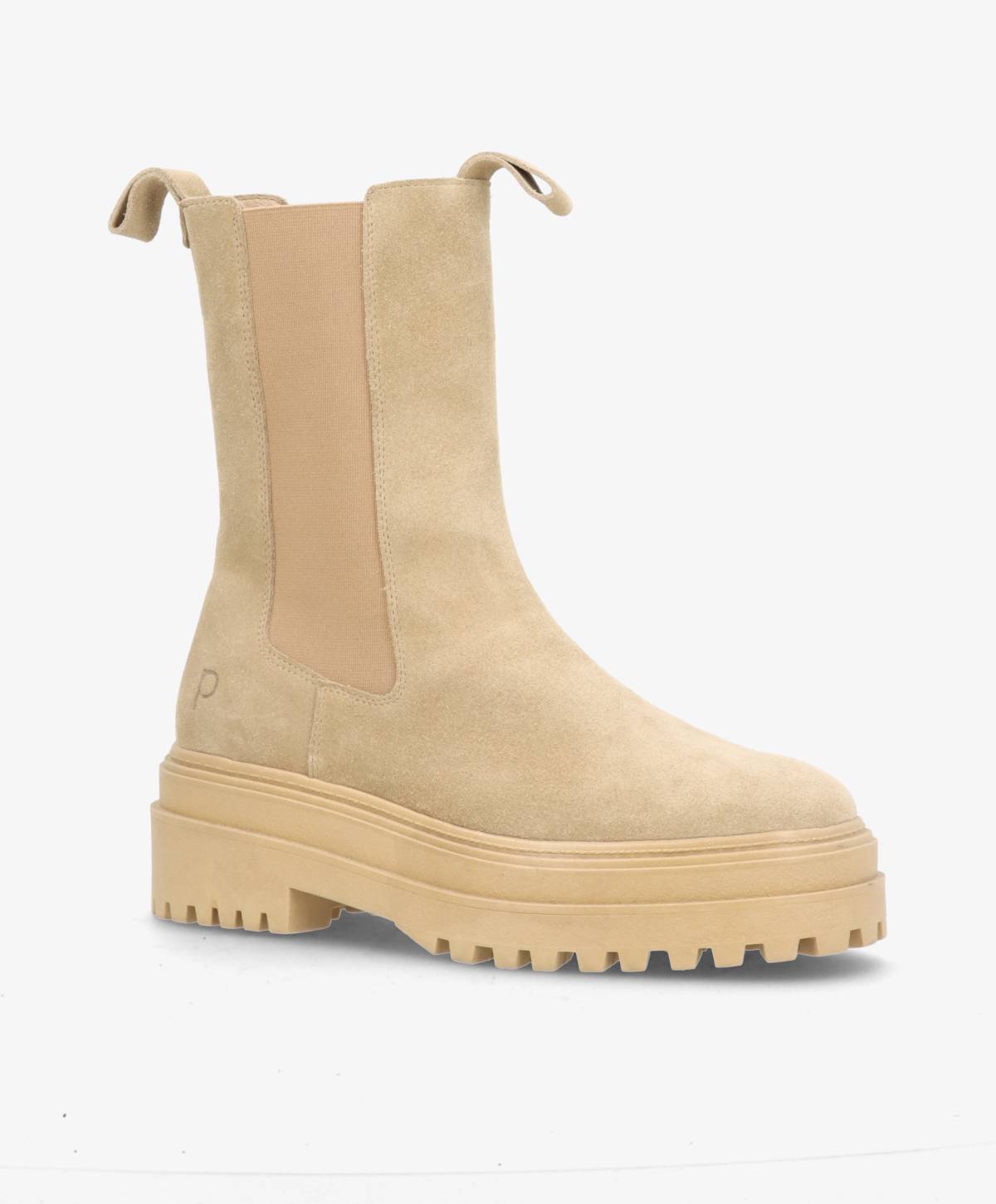 Beige støvle med tyk sål og elastiske sidepaneler.