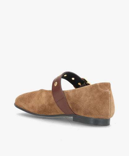 MORE S - Beige ruskind - Ballerina med rem Dame