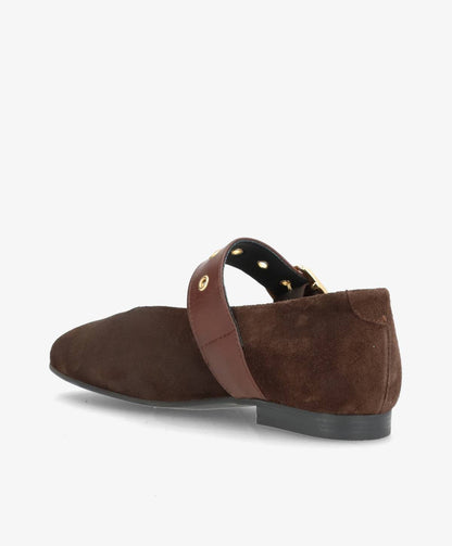 MORE S - Brun ruskind - Ballerina med rem Dame