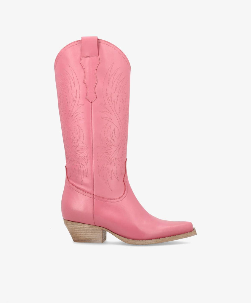 Pink cowboystøvler fra phenumb med spids snude og hæl i trælook.