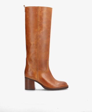 SADIE LONG - Dame Lang støvle med hæl - Cognac læder