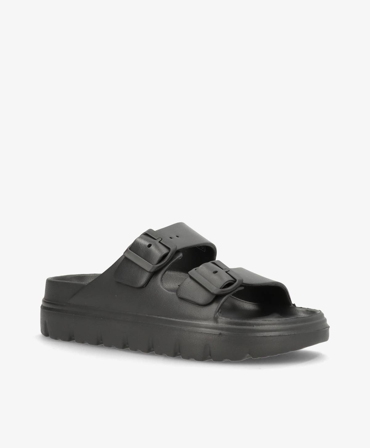 Sort sandal med to justerbare remme og en robust sål.