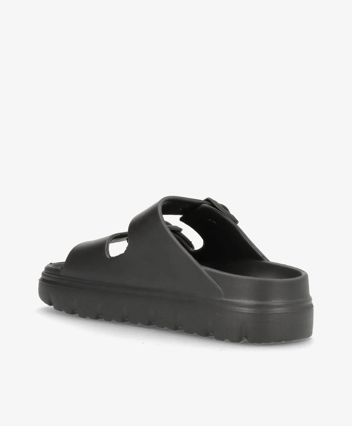 Sort sandal med tyk sål og to brede remme, set fra siden.