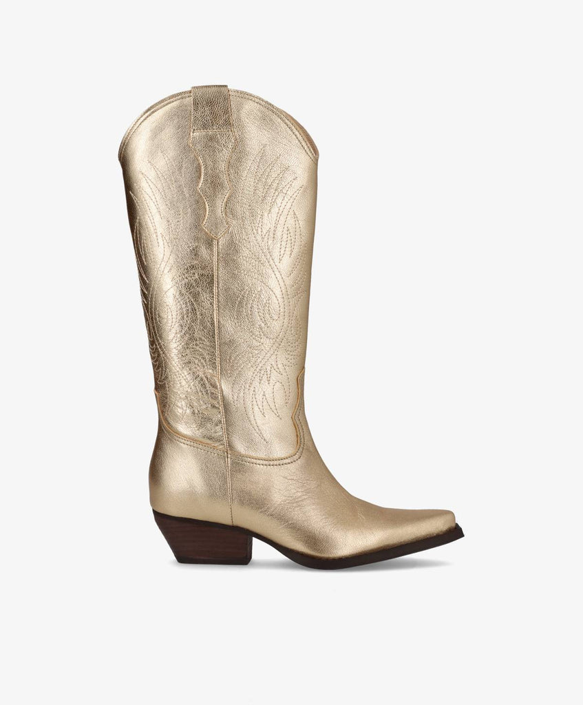 Guld metallisk cowboystøvle fra phenumb med spids snude og kantet hæl.