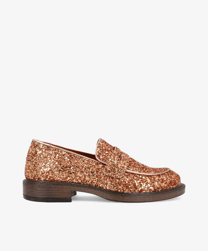 Bronze glitterloafers fra Shoedesign Copenhagen med bund i trælook.