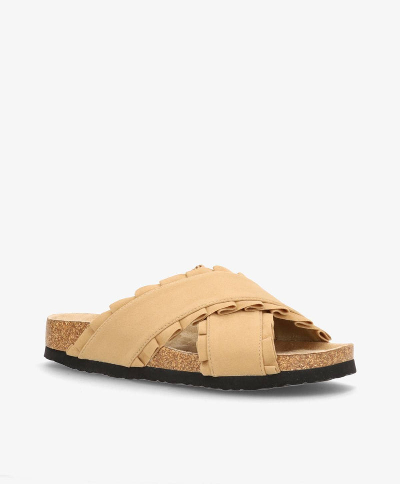 Sandfarvede sandaler med krydsede stropper og korksål.