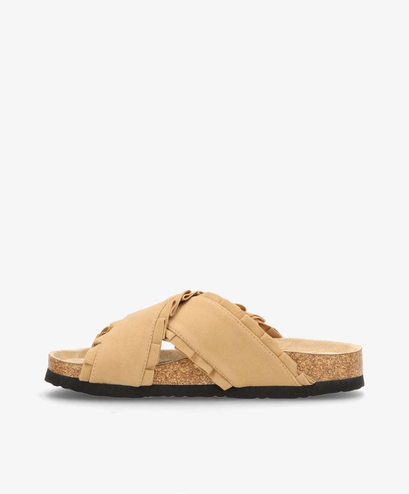 Sandaler i kamelfarve med krydsede stropper og korksål.