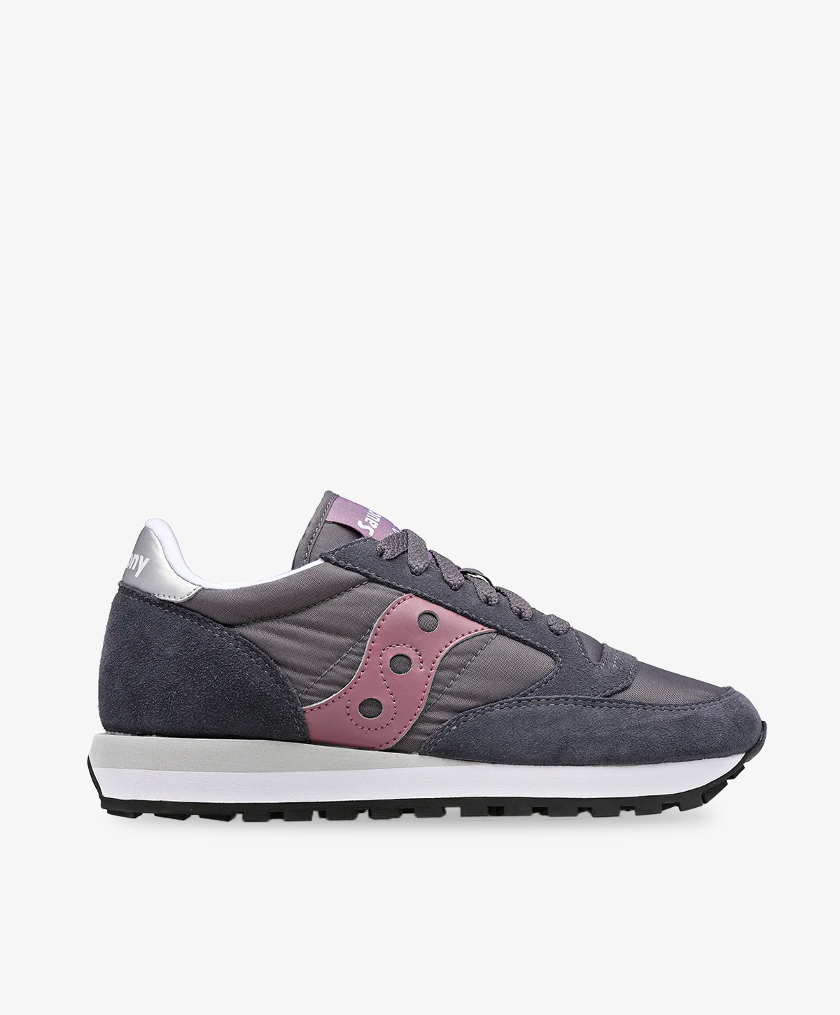 Mørkegrå Saucony sneakers med sølv på hælkappen og en mørk rosa på pløs og siden.