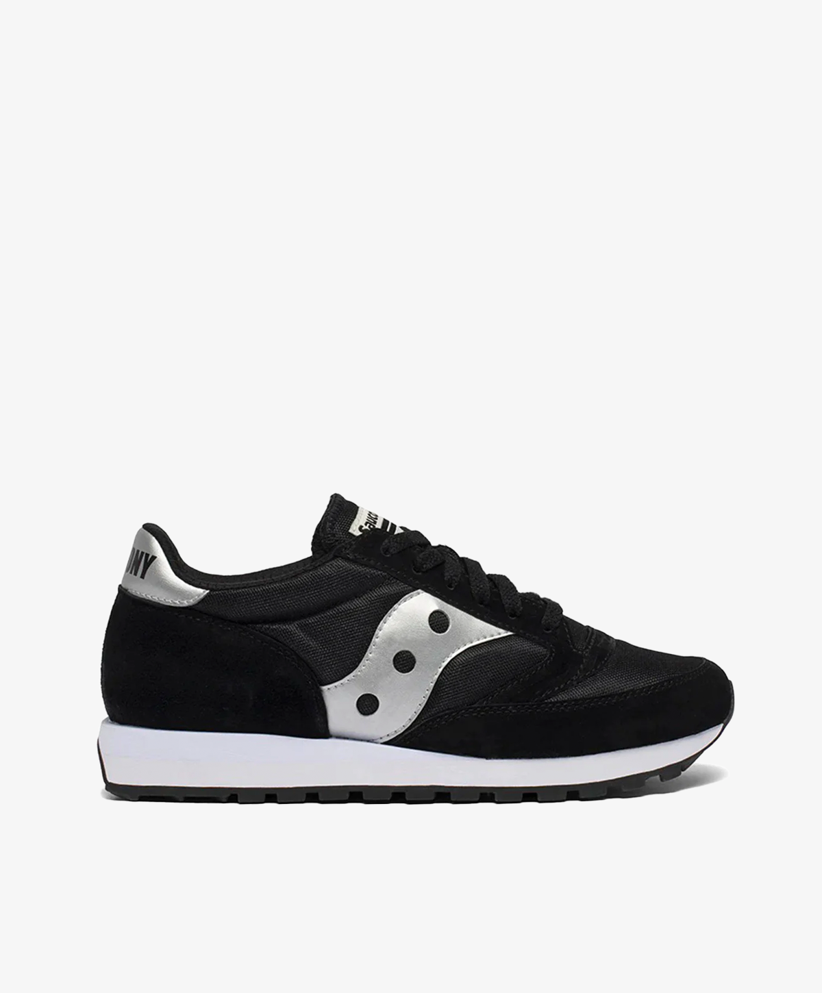 Sorte Saucony sneakers med chunky, hvid bund og sølvdetaljer.