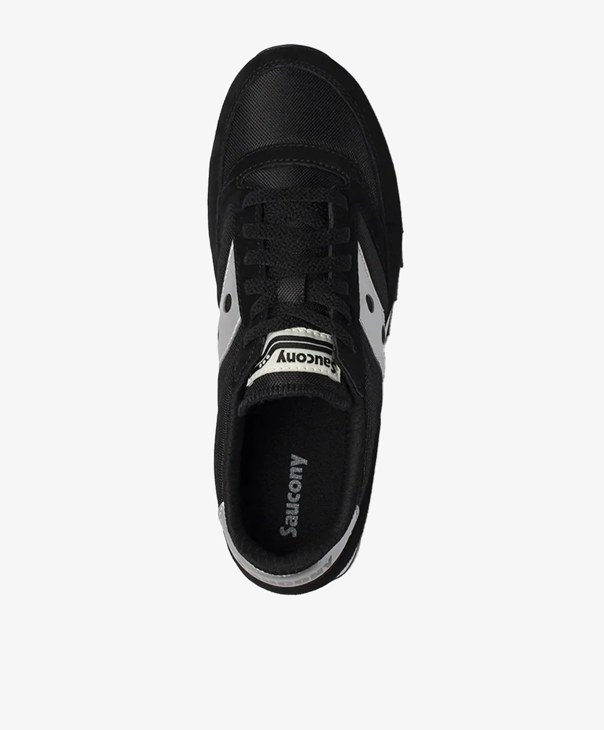 Sort og sølv sneaker set oppefra med mærket Saucony på tungen.