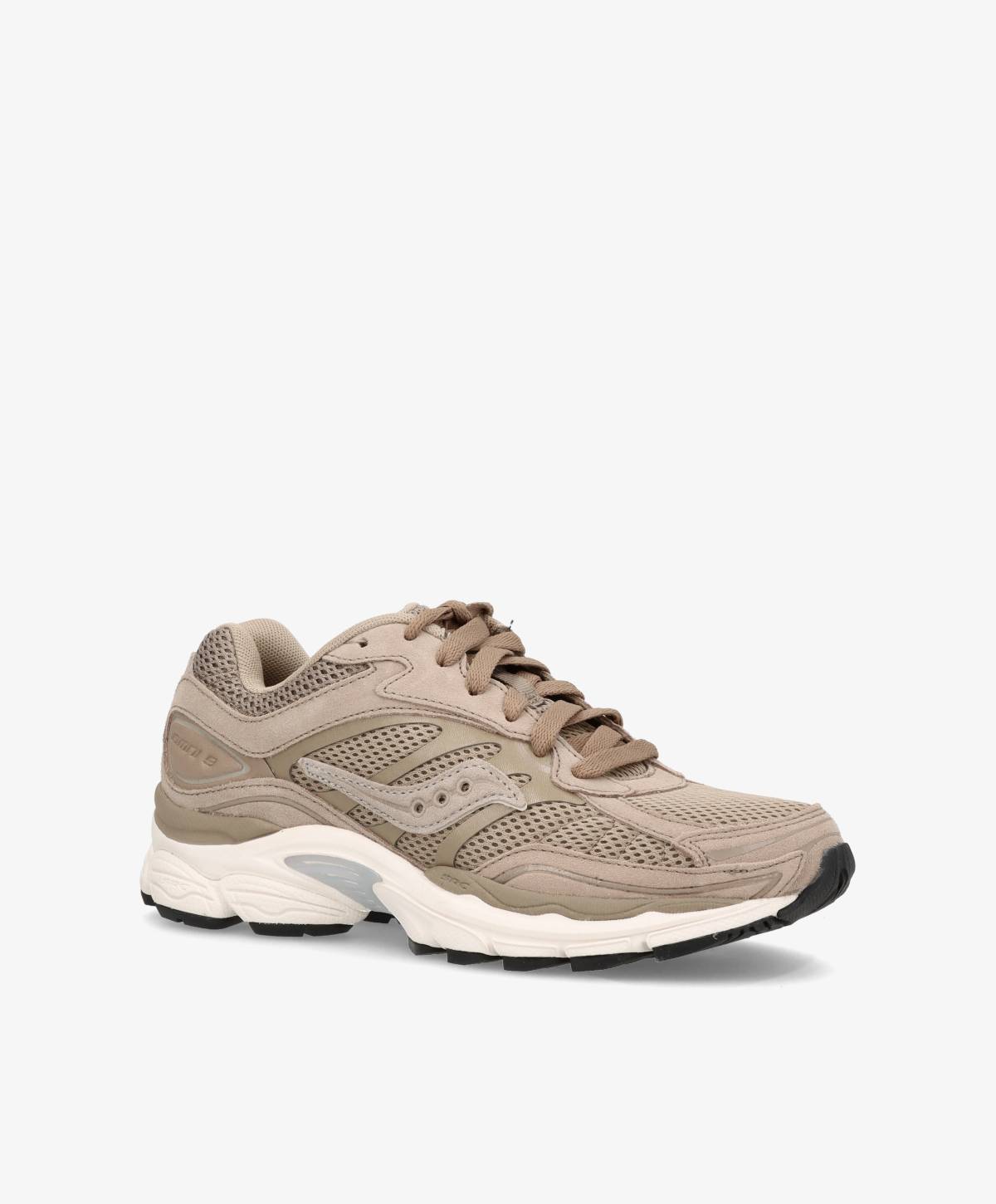 Beige dame sneakers med netdetaljer og hvid sål.