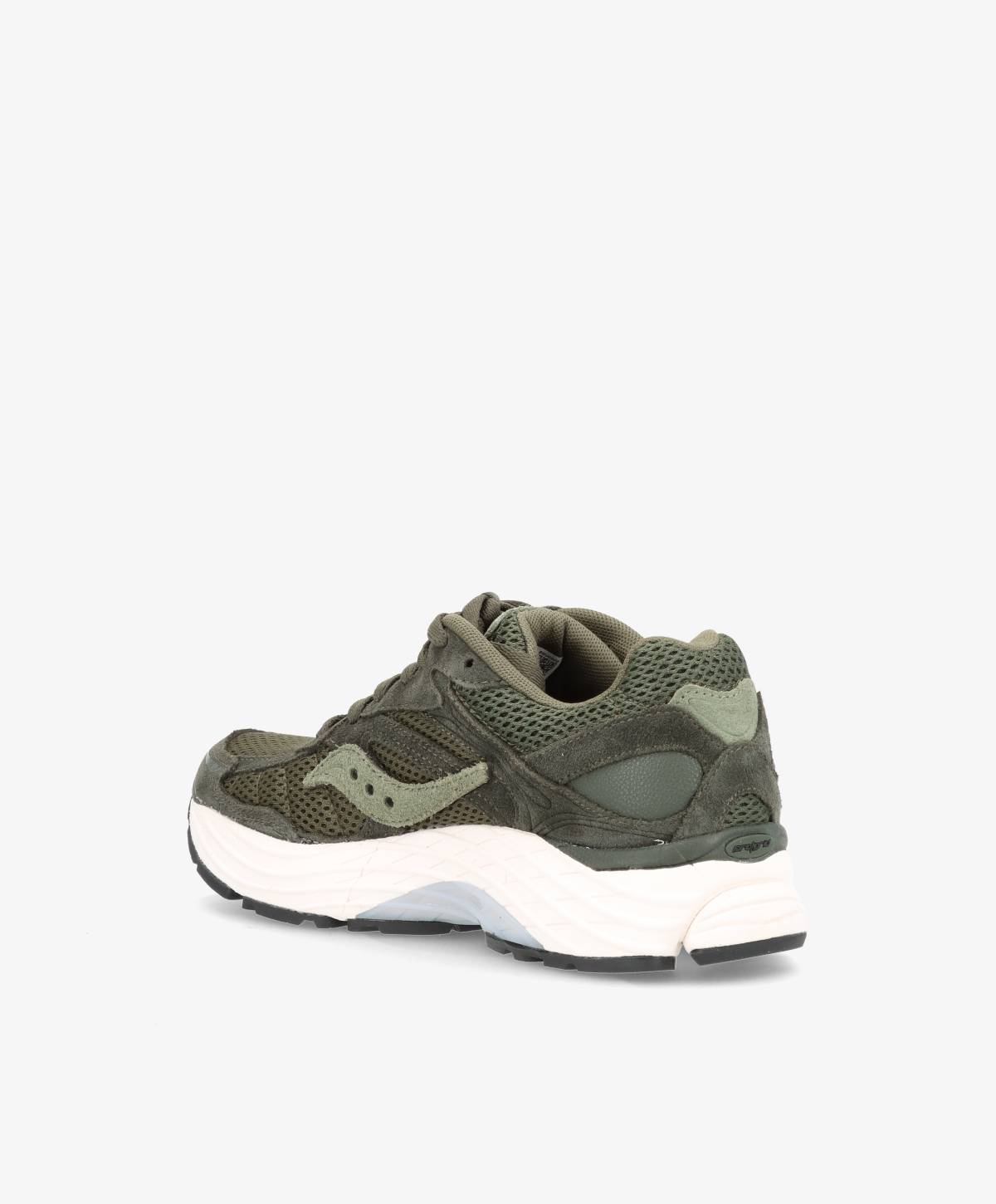 Grøn sneaker til kvinder med hvid sål, set fra siden og bagfra.
