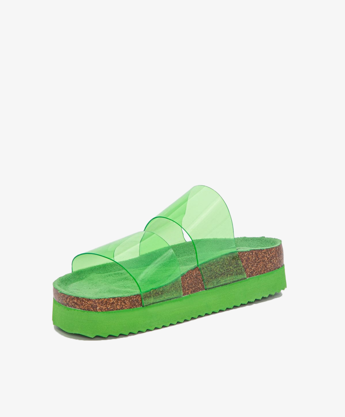 Grøn damesandal med gennemsigtige stropper og korksål.