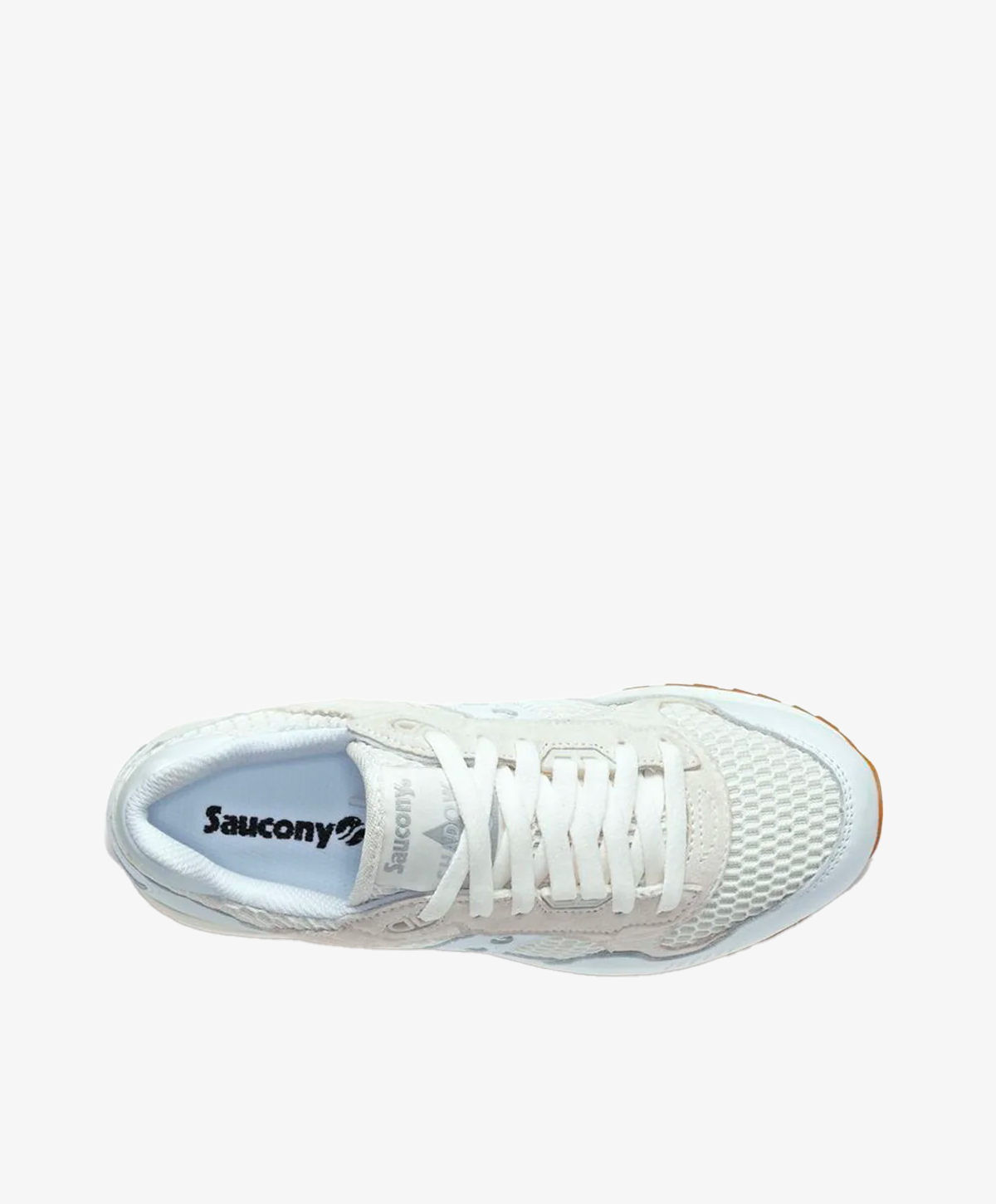 Hvid sneaker til kvinder set ovenfra med netdetaljer og snørebånd.