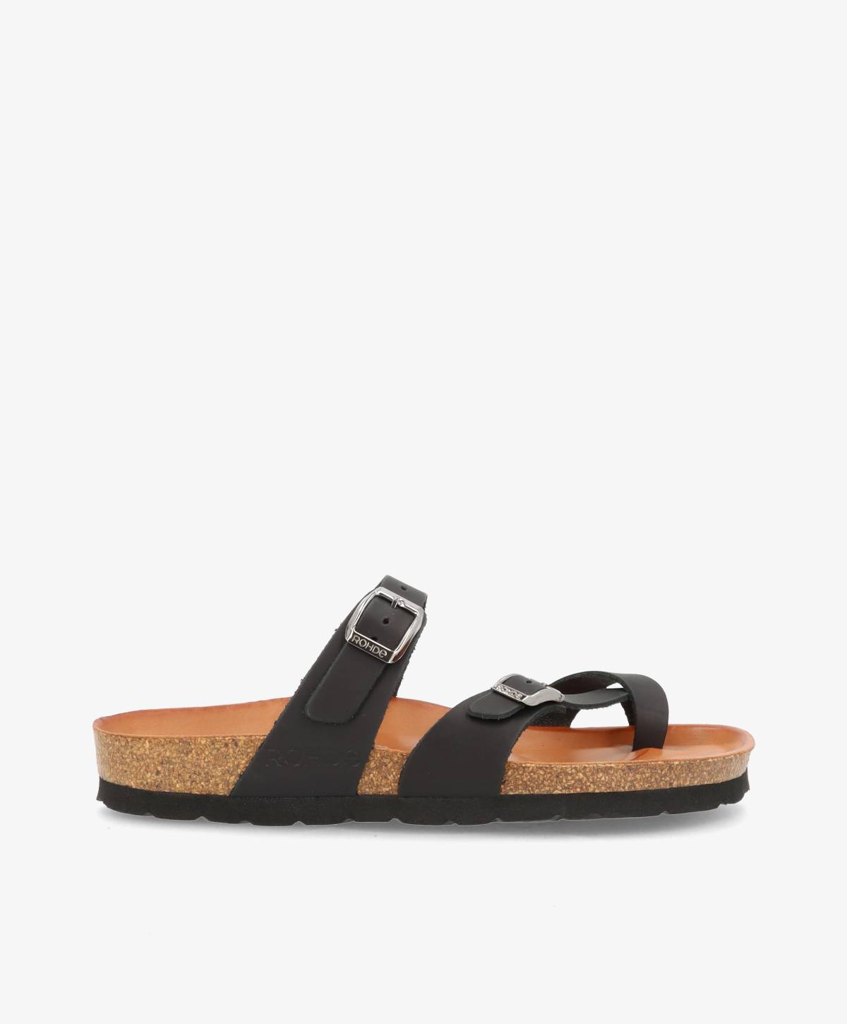 Sort damesandal med to remme og spænder, korksål og sort gummisål.