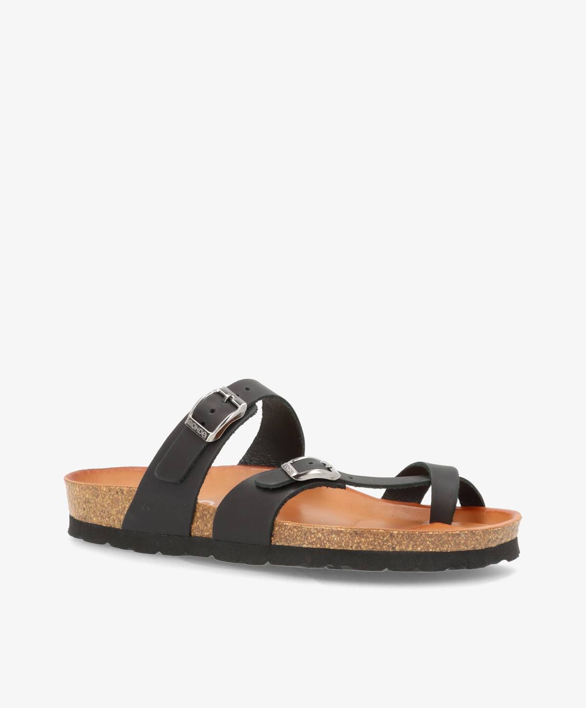 Sort damesandal med to remme og spænder, korksål og sort gummisål.