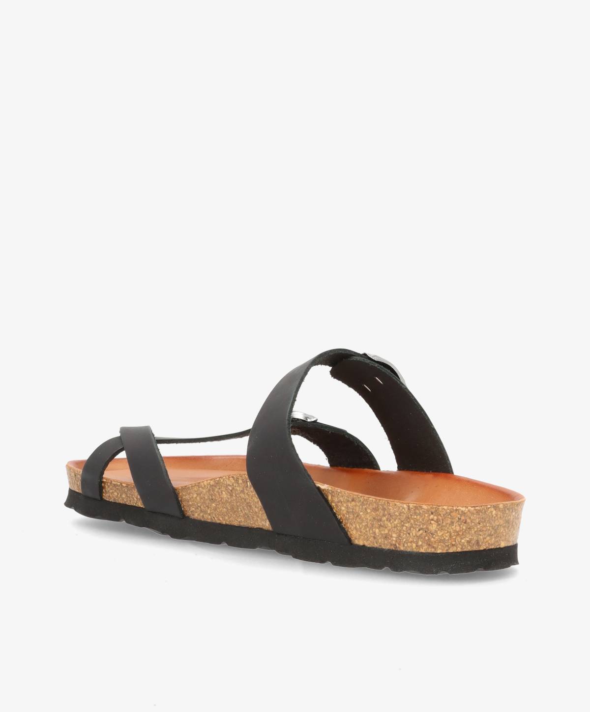 Sort damesandal med korksål og to stropper.