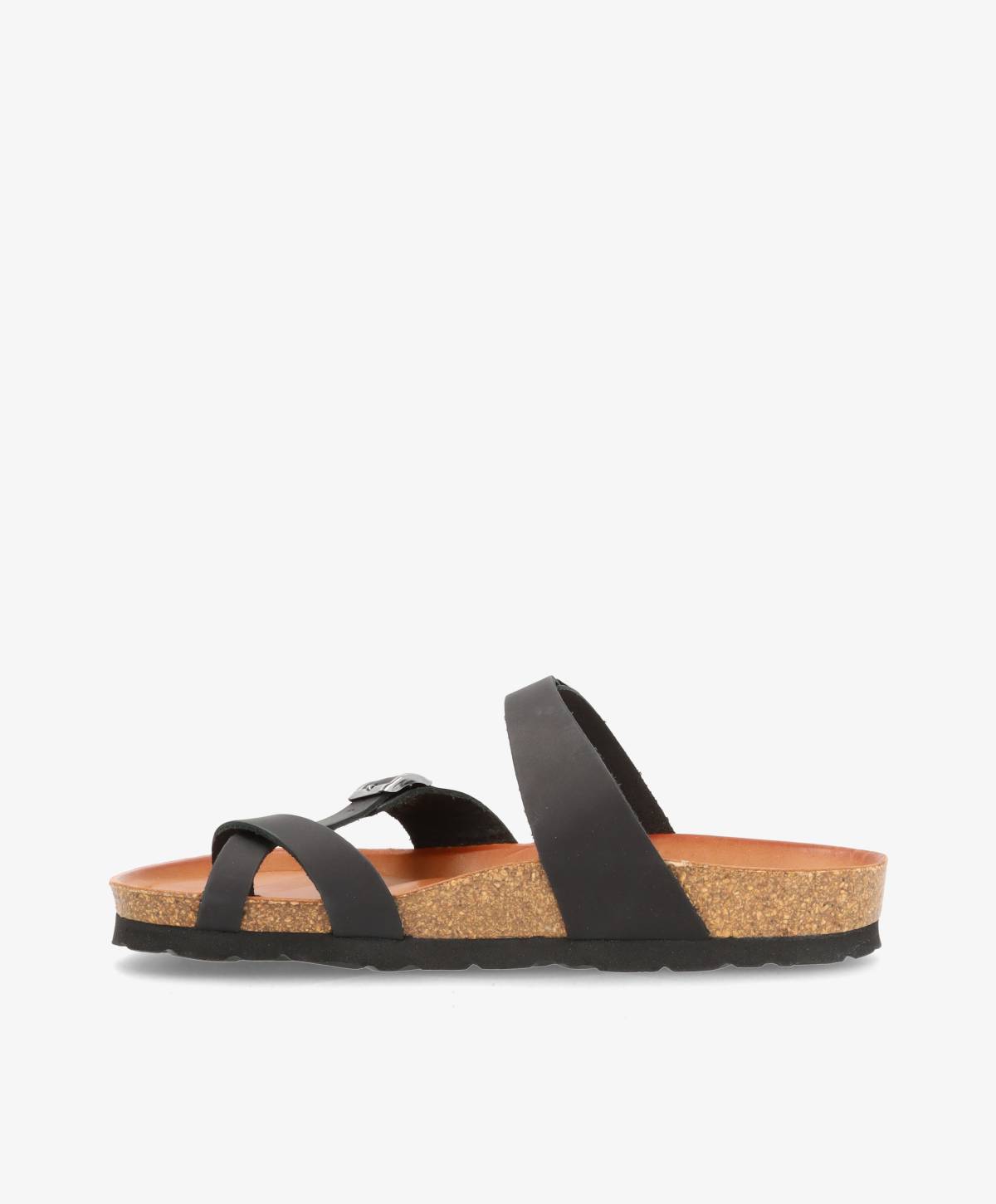 Sort damesandal med krydsede stropper og korksål.