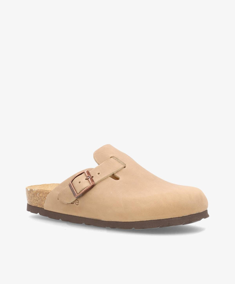 Beige slip-in damesko med brun sål og justerbar rem.