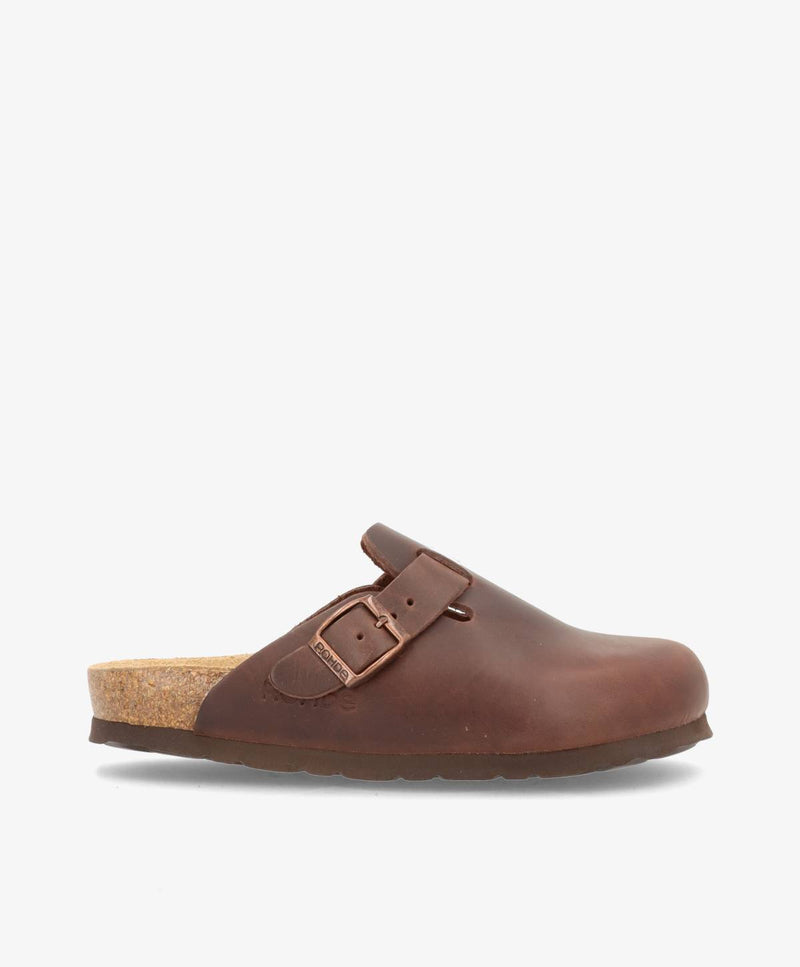 Brun slip-in damesko med spænde og korksål.