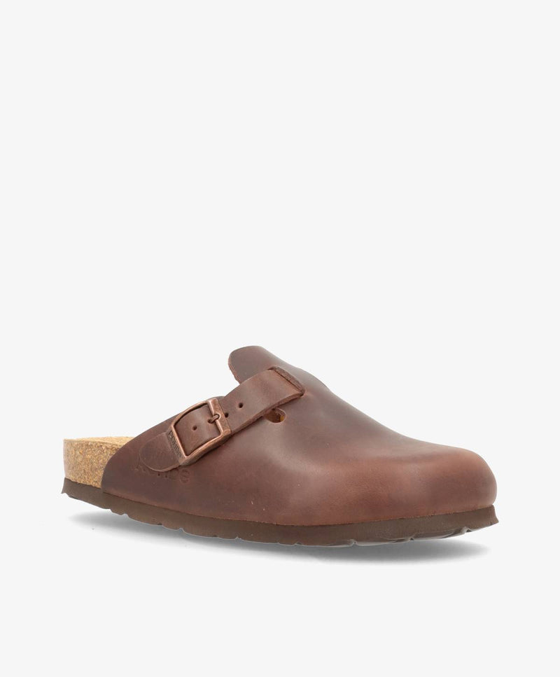 Brun slip-in damesko med spænde og korksål.