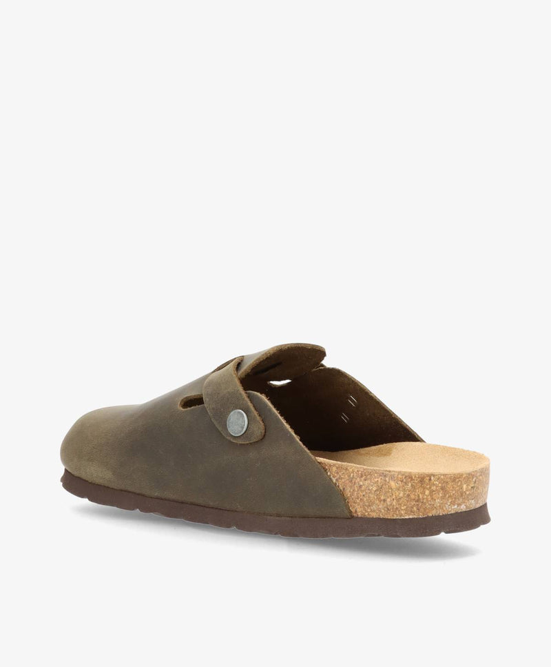 Olivengrøn slip-in damesko med korksål og justerbar rem.