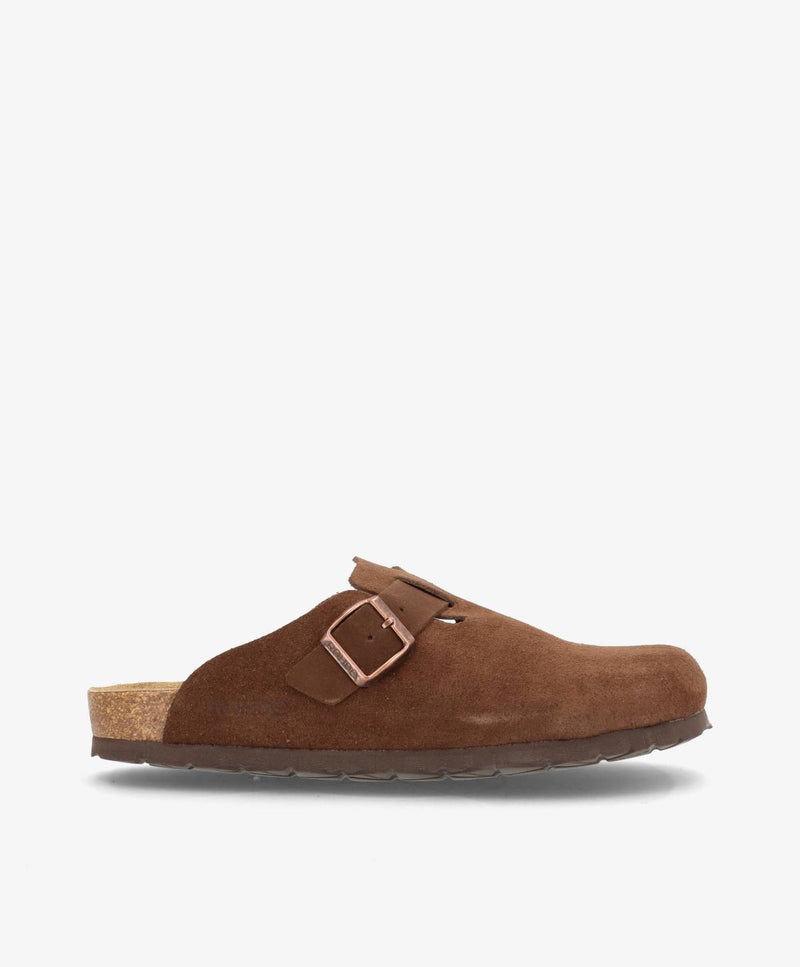 Brun slip-in herresko med spænde og korksål.