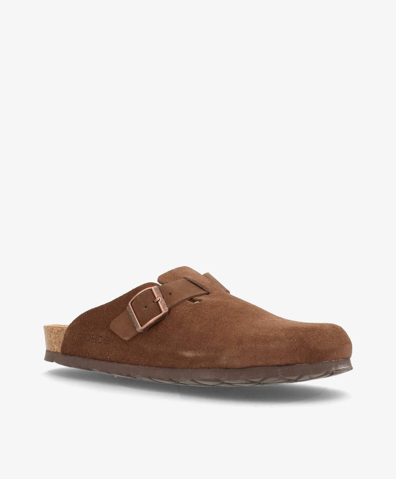 Brun slip-in herresko med spænde og korksål.