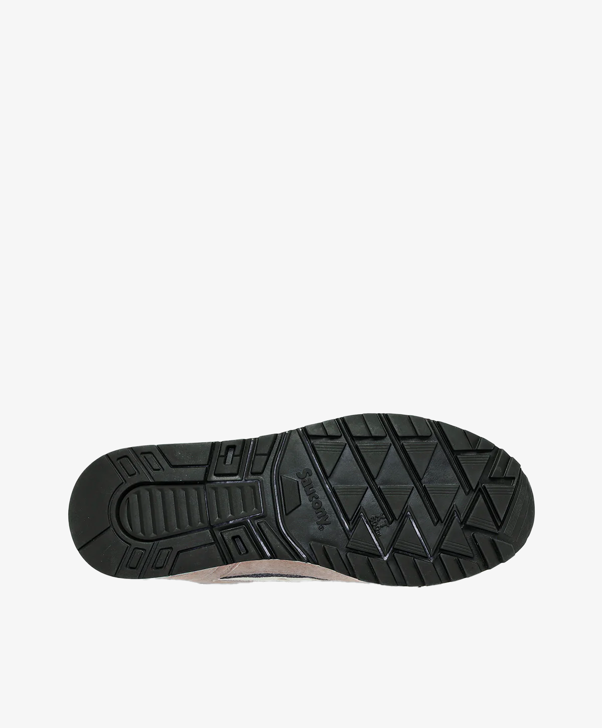 Sort sål af en sneaker med mønster og tekstur, set fra bunden.
