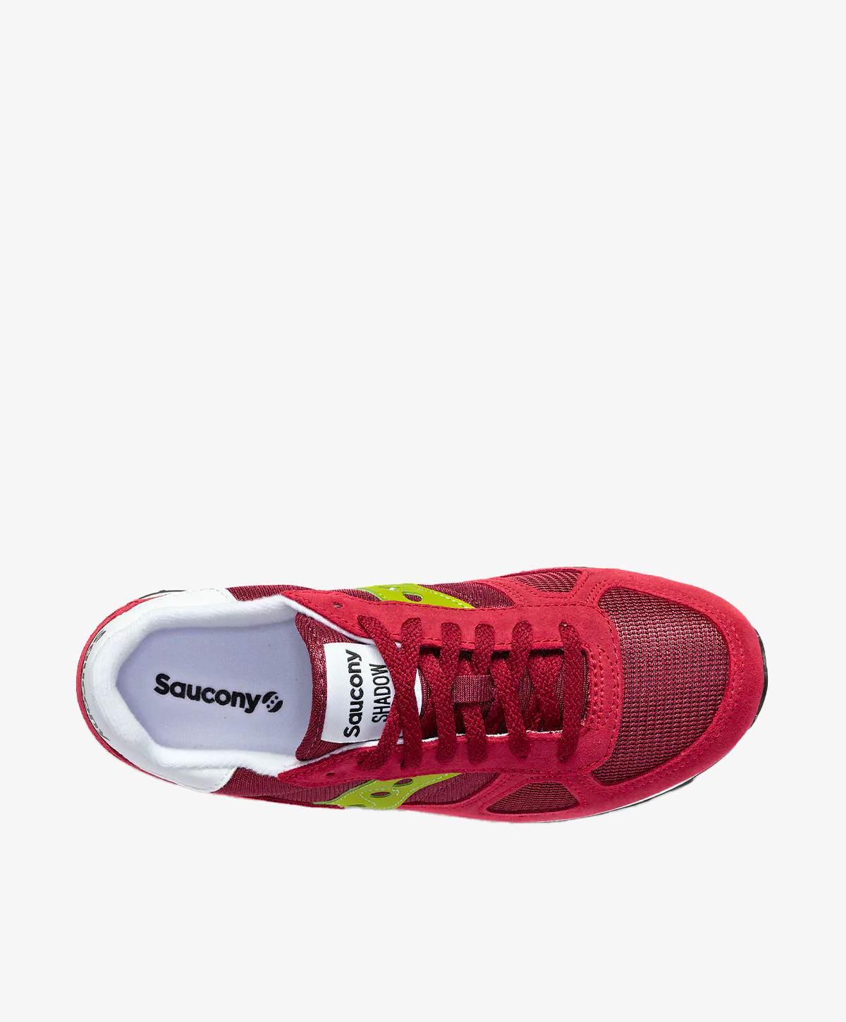 Rød sneaker til kvinder set ovenfra med hvide og grønne detaljer.