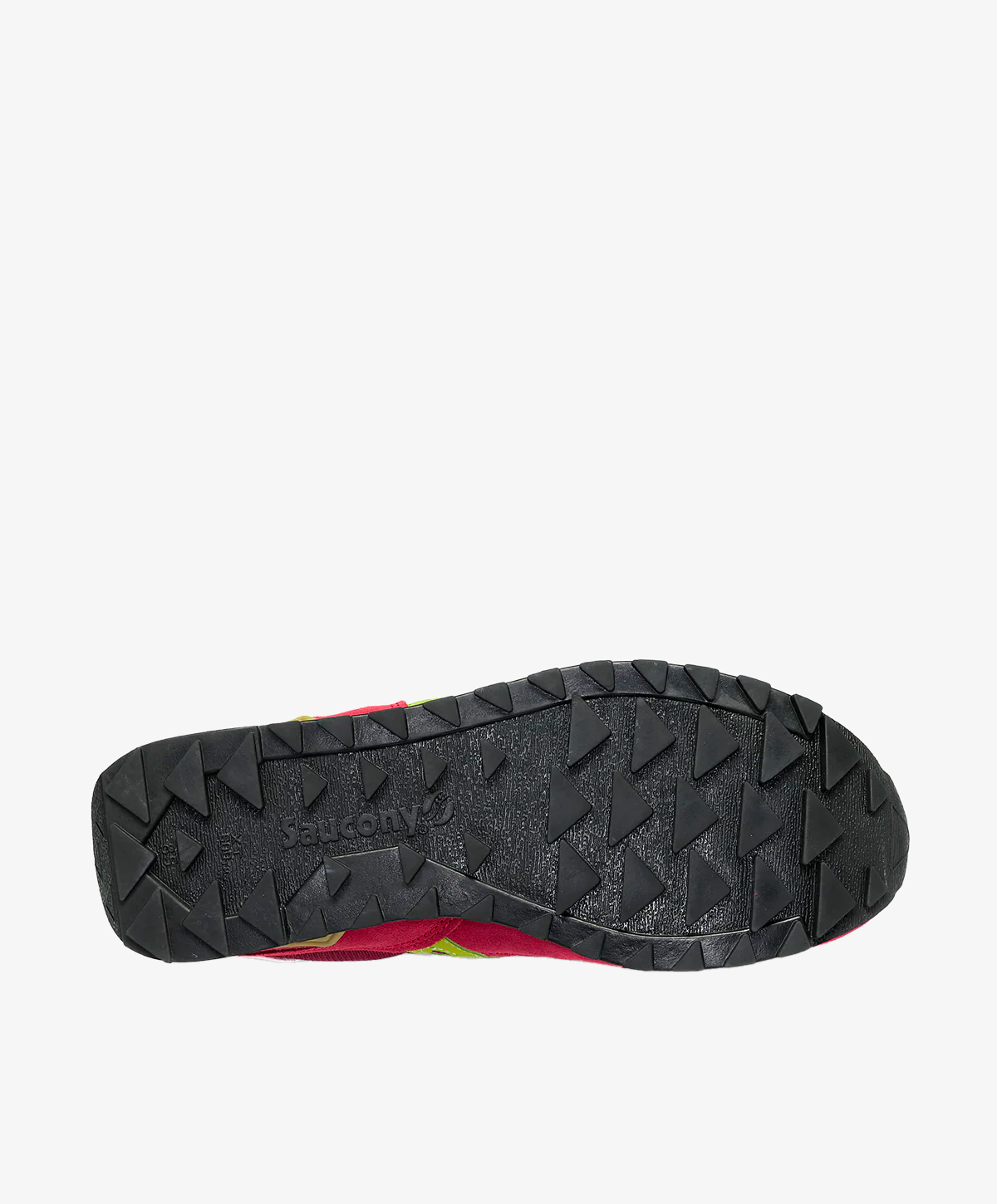 Bunden af en bordeaux sneaker med sort sål og mønster.