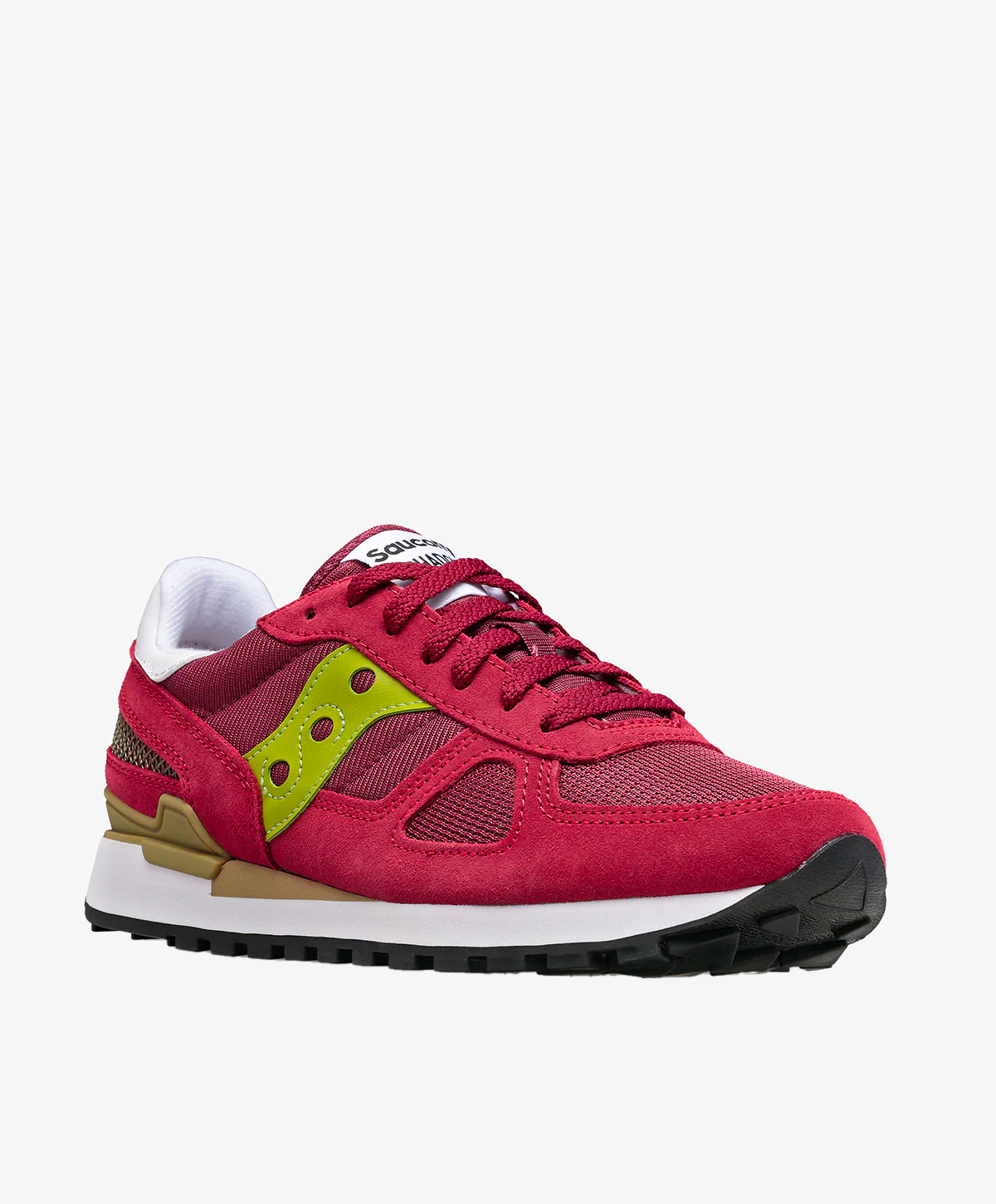Rød sneaker til kvinder med grønne detaljer og hvid sål.