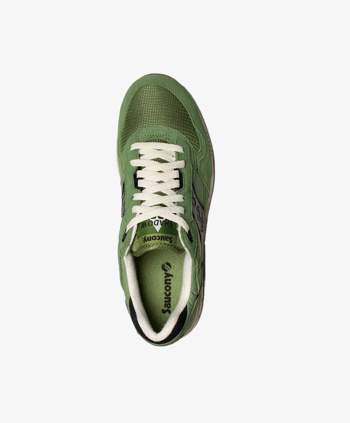 Grøn sneaker til kvinder set ovenfra med hvide snørebånd og mærket "Saucony" på tungen.