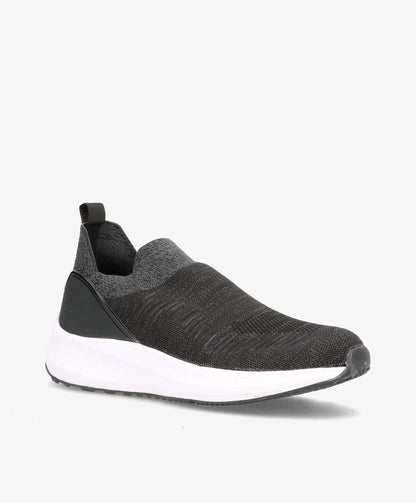Sort slip-on herresko med hvid sål og grå detaljer, set fra siden.