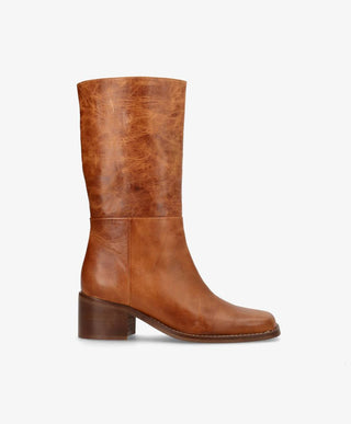 MARTINA SQUARE - Cognac Læder - Mellemlang Støvle med hæl - Dame