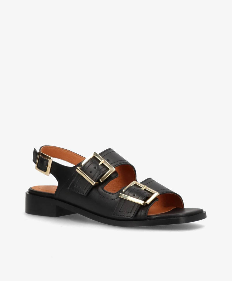 UPNEXT - Sort læder - Sandal med lav hæl Dame