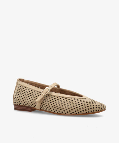 JACEY S - Beige ruskind - Ballerina med rem Dame
