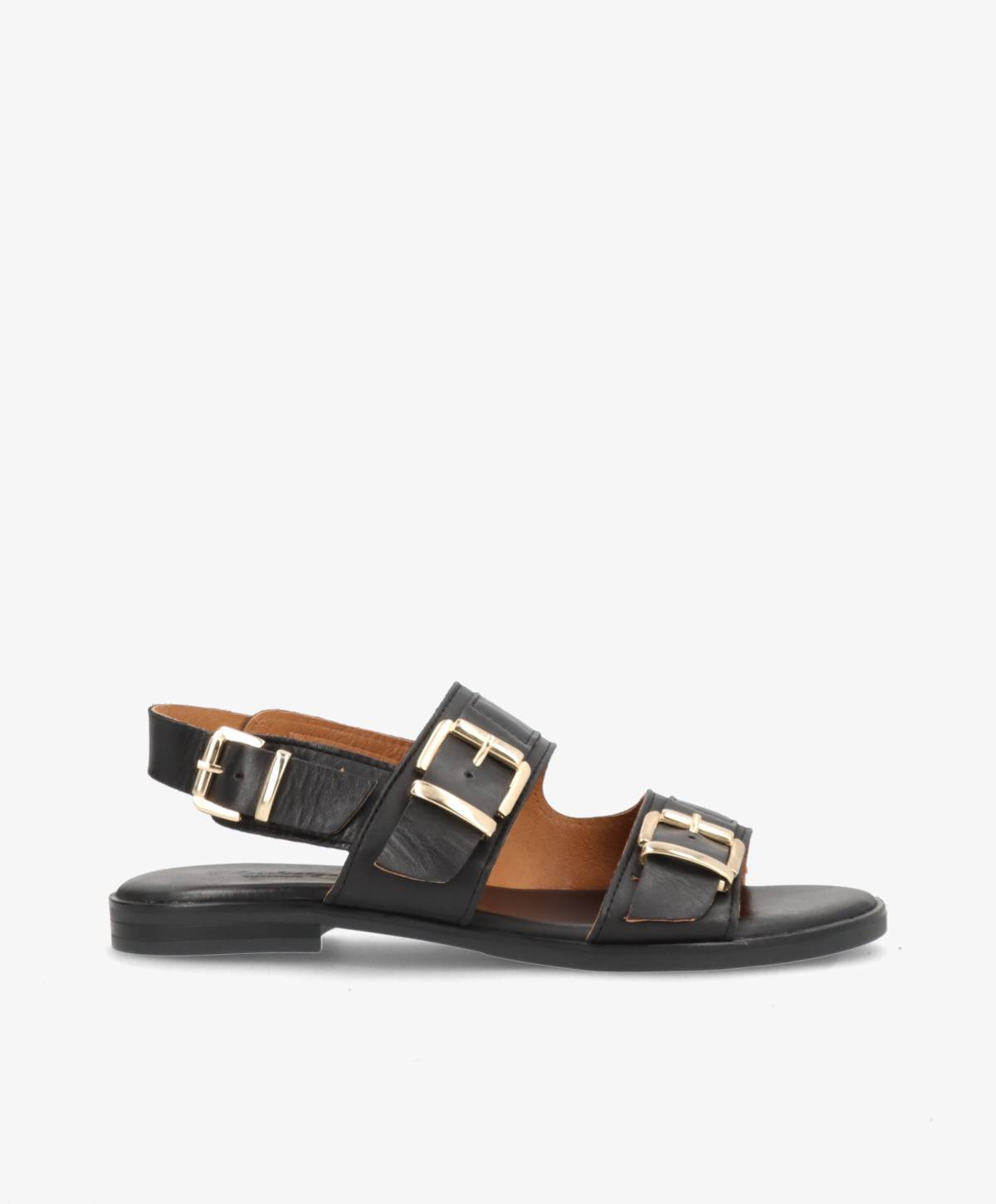 JUNE - Sort læder - Flad sandal Dame